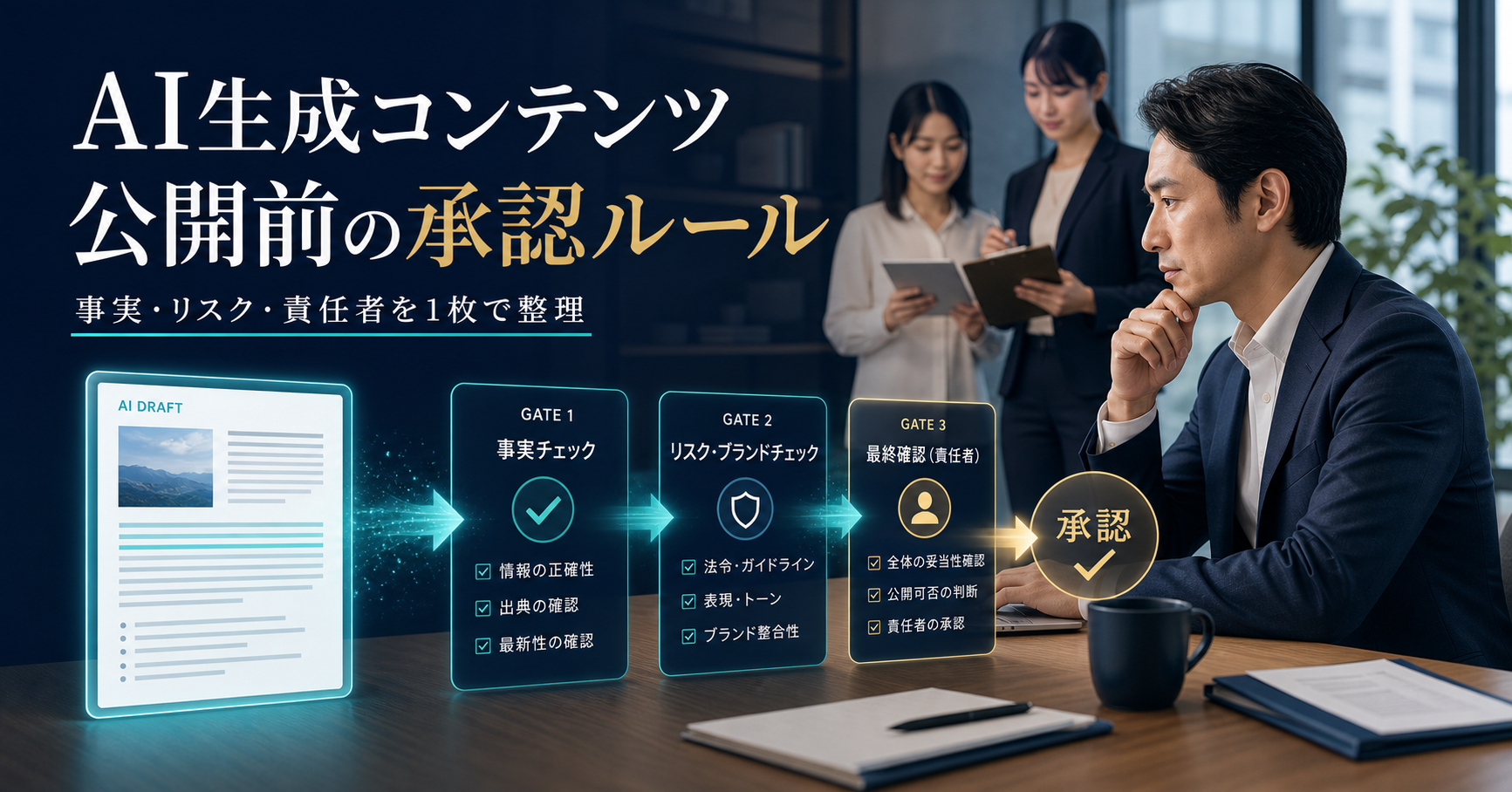AI生成コンテンツを事実、リスク、責任者の3段階で確認する承認ルールの記事サムネイル