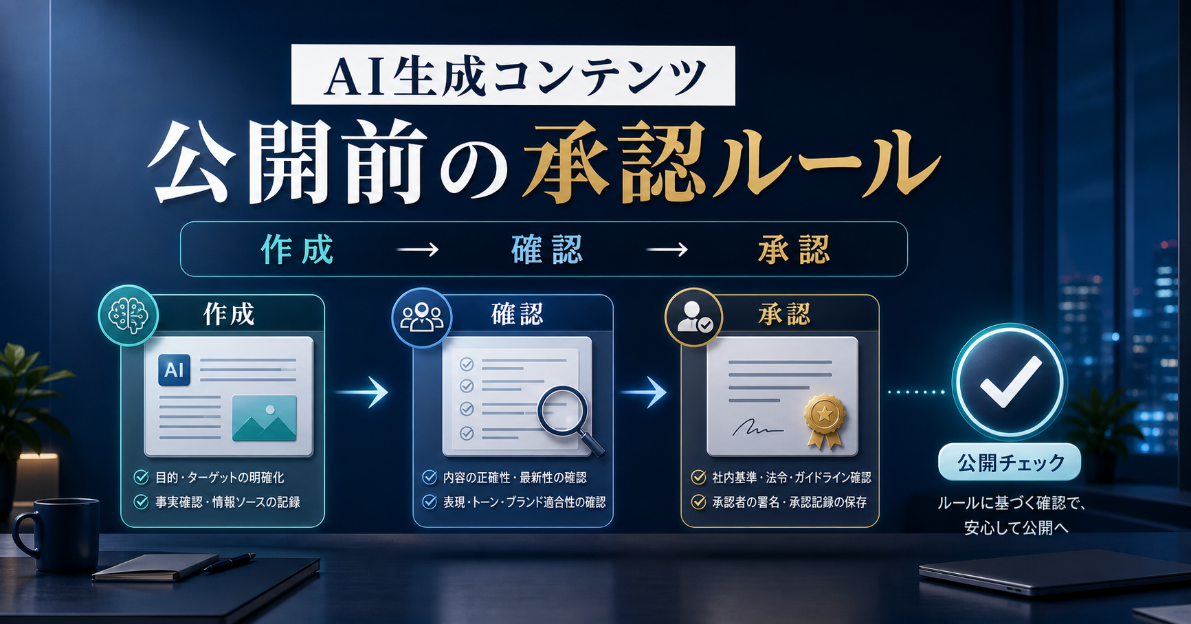 AI生成文章を作成、確認、承認の順で事実確認する記事サムネイル