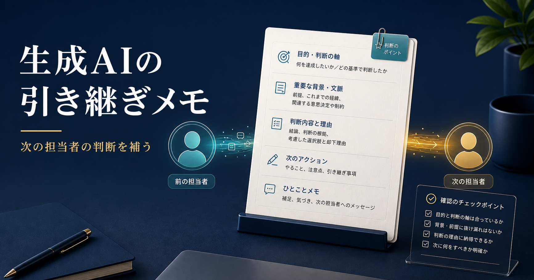 生成AIの引き継ぎメモと次の担当者の判断を補うチェックポイントを示す記事サムネイル