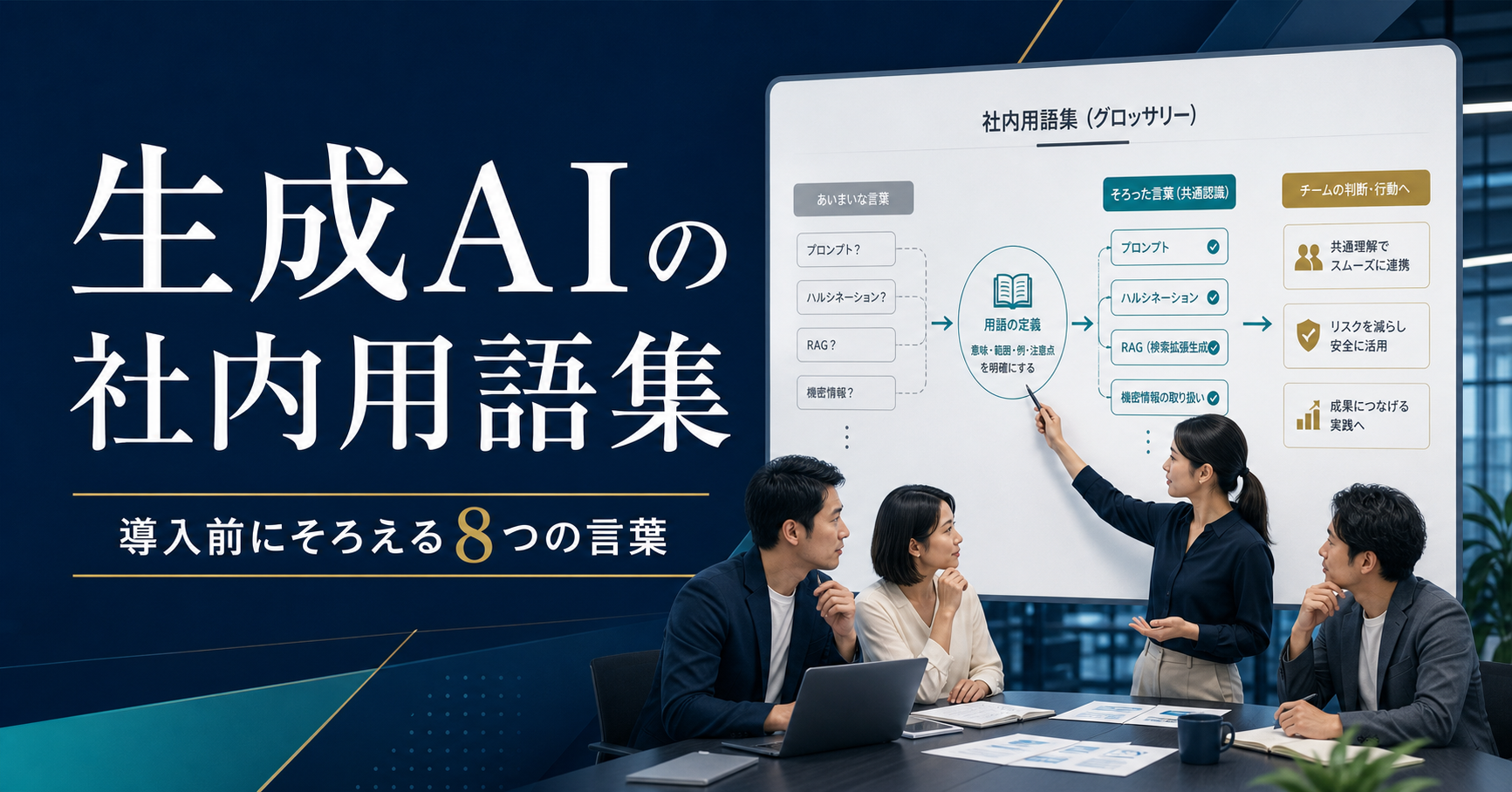 生成AIの社内用語集と導入前にそろえる8つの言葉を示す記事サムネイル