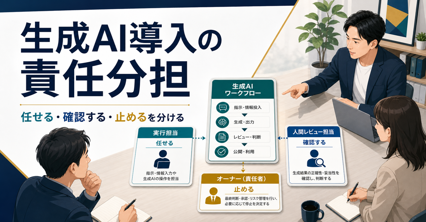 生成AI導入後の実行担当、人間レビュー担当、責任者を分ける記事サムネイル